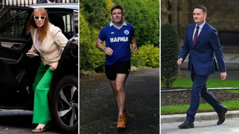 A composite for Angela Rayner getting out of a car dressed in green trousers, cream blazer and green sunglasses, Andy Burnham jogging with airpods in, a blue sports top, black shorts and orange trainers and Wes Streeting walking in a blue suit, blue shirt and burgundy tie. 