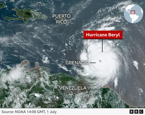 Satellite images show the eye of Hurricane Beryl approaching Grenada