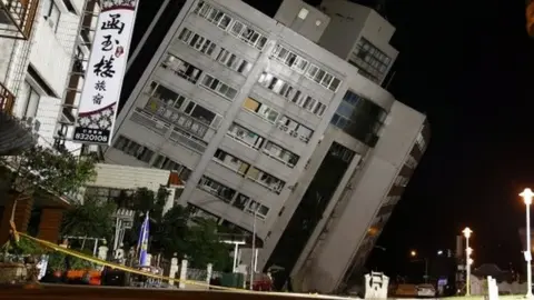 EPA Hotel tilting after earthquake in Hualien, Taiwan, 6 February