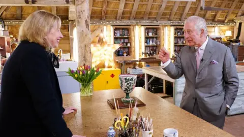 BBC King Charles with ceramics expert Kirsten Ramsay in The Repair Shop's barn