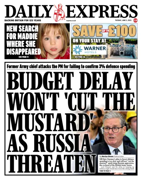"Budget delay 'won't cut the mustard' as Russia threaten", reads the headline on the front page of the Daily Express.