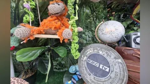 The Yarn Dispensary Sir David Attenborough 100th birthday display in the window of The Yarn Dispensary in Faversham, Kent. An orangutan and green snake can be seen in the display alongside a globe and a sign stating 'BBC TV'.