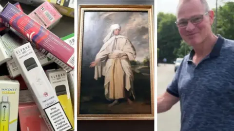 A composite of three images: a selection of disposable vapes, a painted portrait of a man in a turban and white robes and a smiling man in a blue polo shirt