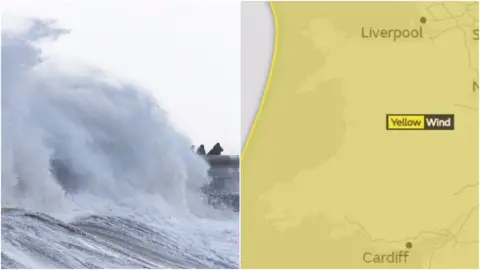 Matthew Horwood/Met Office Waves in Porthcawl and weather warning map