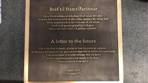 Rice University/Dominic Boyer/Cymene Howe A plaque placed at the former site of Okjokull, a glacier in Iceland declared dead in 2014