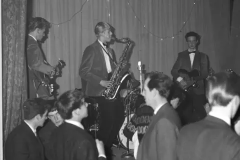 Getty Images Black and white photo of David Jones (later David Bowie) playing saxophone with the Konrads in Biggin Hill