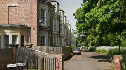 A row of three-storey terraced houses at The Elms West in Sunderland. They are stretching into the distance along the left side of the picture. All have large bay windows on all three floors. Two square, brick-built gateposts stand at the entrance to the street which has no pavement. On the right, opposite the houses, is a thick canopy of trees and some well-kept green hedges topped with white flowers. A few cars are parked further down the road on both sides. A white street sign, with The Elms West in black capital letters, sits on a curved black metal garden fence on the left of the foreground.