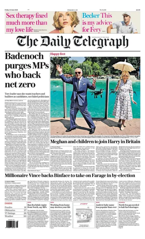 The headline on the front page of the Daily Telegraph reads: 'Badenoch purges MPs who back net zero.'