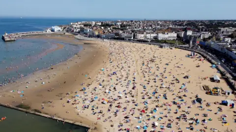 An aerial view over Margate and its beach.