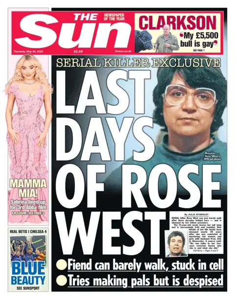 "Last days of Rose West" reads the headline on the front page of The Sun.