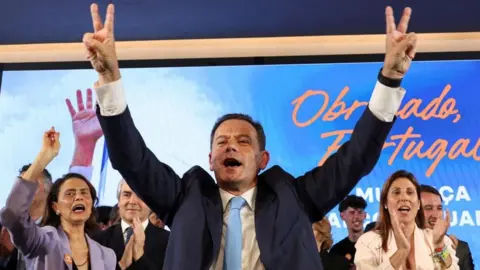 Reuters Portuguese Prime Minister Luís Montenegro celebrates his right-of-centre Democratic Alliance's electoral victory in Lisbon. Photo: 18 May 2025