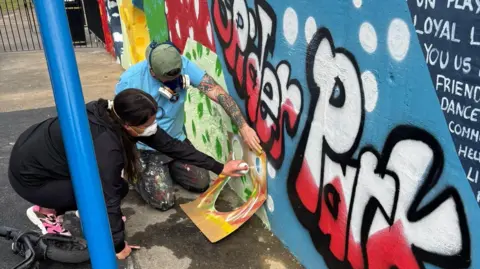Open Door Art A person with a green cap, blue top, grey trousers with paint on them and tattoos, holding a stencil while a woman with black hair, black top and bottoms and pink trainers sprays a colourful wall through the stencil.