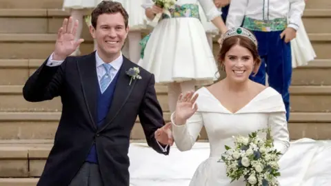 PA Jack Brooksbank and Eugenie outside the chapel