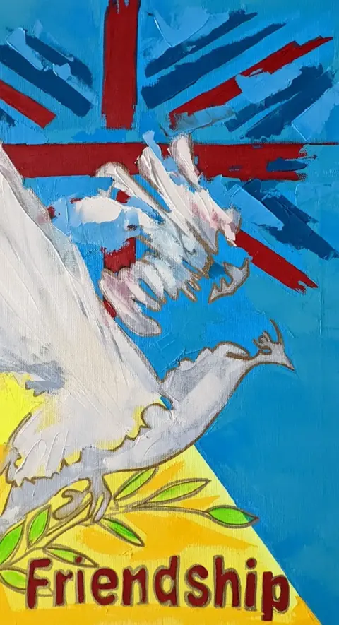 Bedford Creative Arts A painting of a bird with the worlds friendship on it