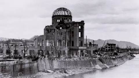REUTERS/Toshio and Yoshio Kawamoto The gutted Hiroshima Prefectural Industrial Promotion Hall, currently known as Atomic Bomb Dome or A-Bomb Dome, is seen near Aioi Bridge in Hiroshima after the atomic bombing