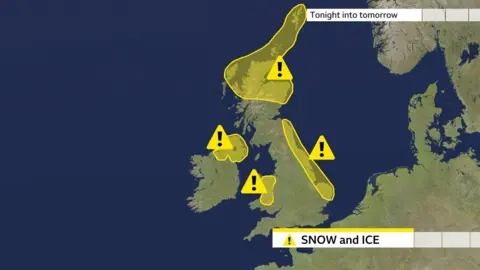 A map showing Met Office yellow weather warnings for snow and ice affecting parts of the UK from Tuesday evening. The map highlights north Wales, eastern and northern England and Northern Ireland.