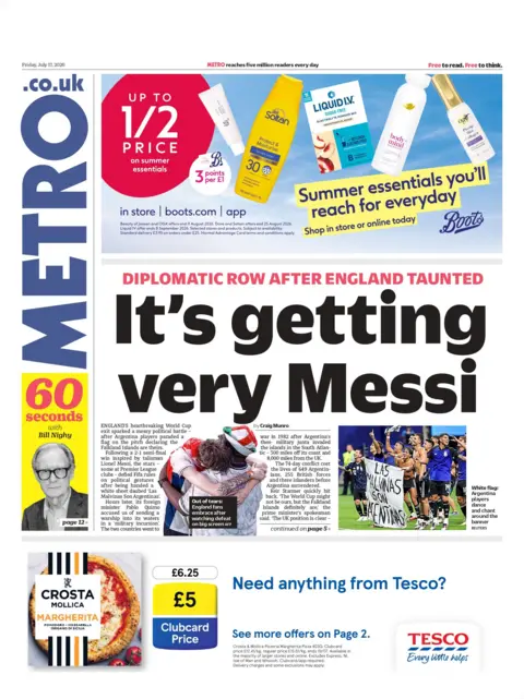 "It's getting very Messi: Diplomatic row after England tauned," reads the headline on the front page of the Metro. 