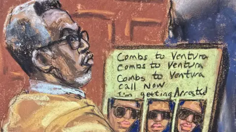 A sketch of Mr Combs listening in court while Ms Ventura testifies