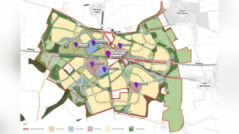 North Yorkshire Council A detailed planning map outlines a proposed development area, bordered by a red line indicating the application boundary. Zones are colour-coded: yellow for residential areas, green for green space, blue for employment, red for education, and orange squares for local centres. Key facilities are labelled, including a Community/Sports Hall, multiple Employment and Education zones. Roads and railways, such as the A59, are marked, showing integration of transport infrastructure.