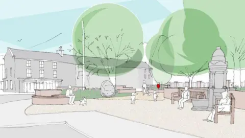 Westmorland and Furness Council Artist's impression of the refurbished Silver Street memorial garden entrance. The drawing shows two wooden benches to the right-hand side and a new searing area on the left on the corner of the street.