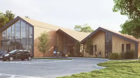 Leeds Teaching Hospitals Charity A CGI image of a modern red-brick and glass front building with sloping rooves, viewed across a car park in the sunshine