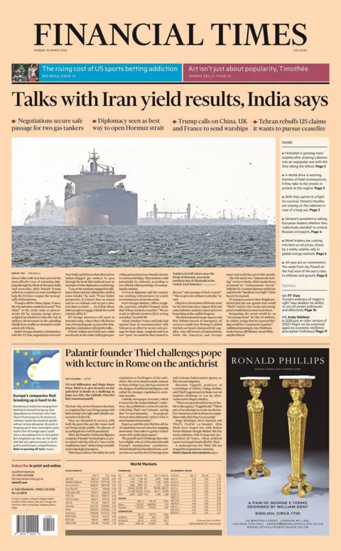 "Talks with Iran yield results, India says" reads the headline on the front page of the Financial Times.