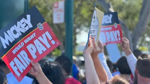 Workers hold up signs that read: "Mickey wants to be paid fairly!"