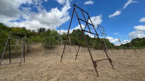 Stuart Woodward/BBC Several metal A-frames standing upright, all facing the same direction. They each have four legs but do not have any road signs displayed on them. They are standing on a patch of grass with trees and bushes behind them and blue skies above