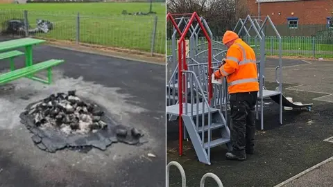 Composite image showing burnt debris at a playground in Kirkleatham and a council worker, wearing an orange hi-vis jacket and orange knitted hat, painting some of the equipment.