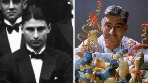 UC San Diego/Getty Images Composite: On the left is a black and white image of Theodor Geisel during his time at Oxford. On the right is a colour image of an older Theodor Seuss Geisel poses with models of some of the characters he has created.