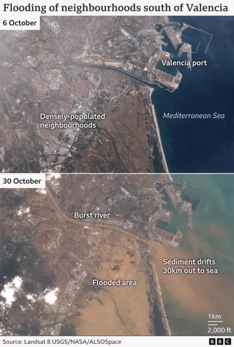 Satellite imagery that shows the destruction caused south of Valencia by flooding.
