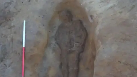 OCA A sand skeleton emerging from a grave pit. It looks like a body with the head at the top and its shoulders, arms, torso and legs all emerging from the sand after excavation. 