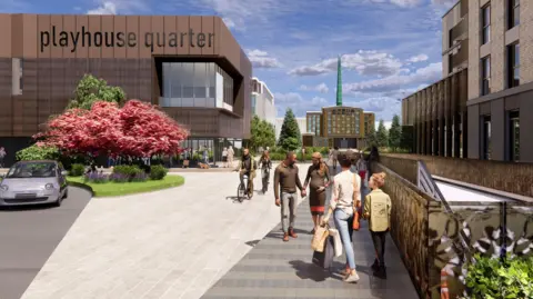 Harlow Town Council A CGI image of people walking around a paved town square with trees and greenery mixed in the middle. A large brown building that looks modern is to the left. To the right appears to be modern flats.