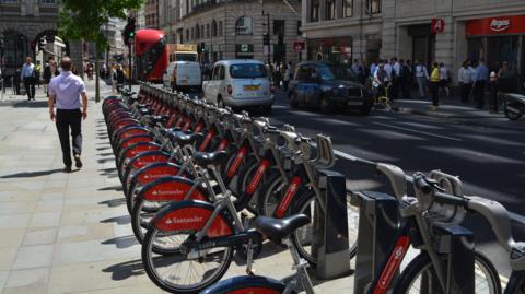Santander Cycles stand in Cheapside, City of London