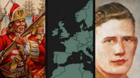 National Museum of the Royal Navy A composite photo showing a painting of a Royal Marine in a historical red uniform, a map of Europe and north Africa and a painting of a Royal Marine in khaki uniform.