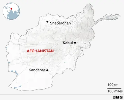Map of Afghanistan showing Sheberghan in the north, the capital Kabul, east of the centre of the country, and Kandahar in the south