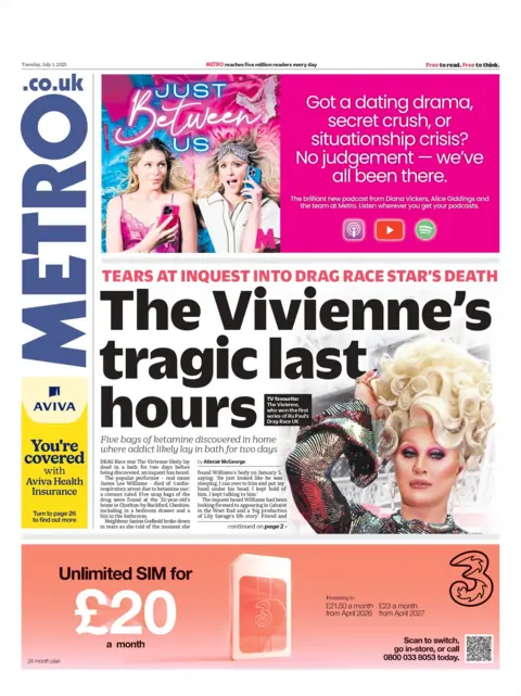 "The Vivienne's tragic last hours" reads the headline on the front page of Metro.