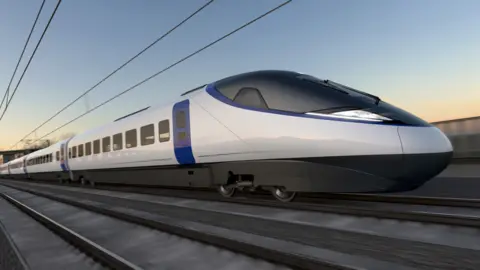 Early visualisation of a white HS2 train with blue door seen speeding along a track