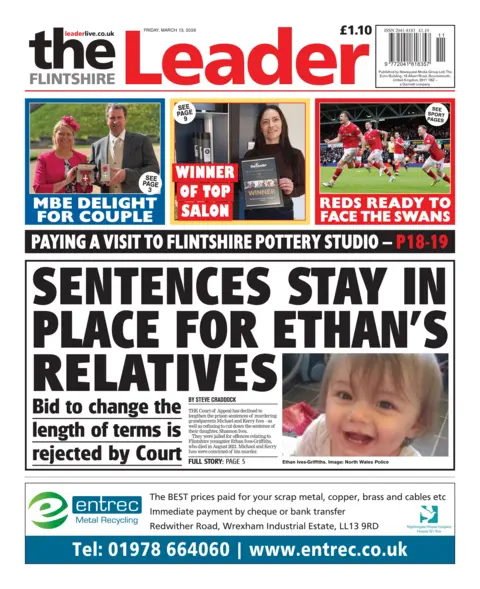 Flintshire Leader Flintshire Leader front page headline: Sentences stay in place for Ethan's relatives; Bid to change the length of terms if rejected by Court. A photo of a little boy with short blonde hair who is smiling is next to the story.