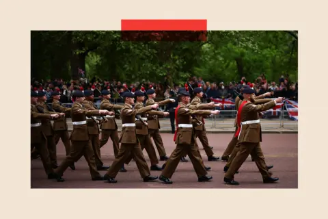Henry Nicholls/PA Members of the armed forces parade down The Mall during a military procession marking the 80th anniversary of VE Day