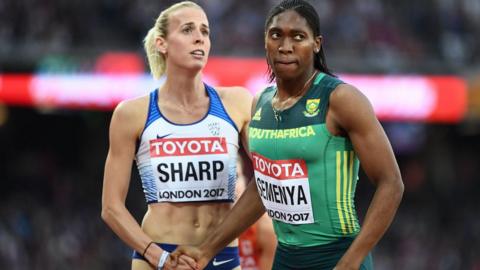 Lynsey Sharp and Caster Semenya shake hands at the 2017 World Championships 