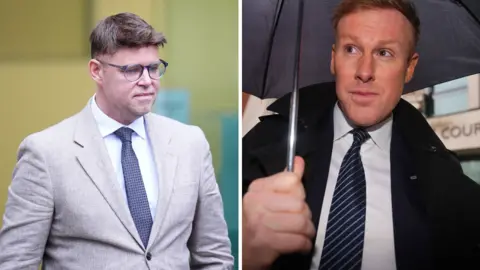 A composite image showing two men in suits, with one holding an umbrella