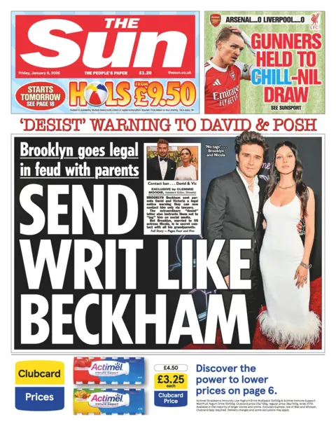 "Send write like Beckham" reads the headline on the front page of the Sun.