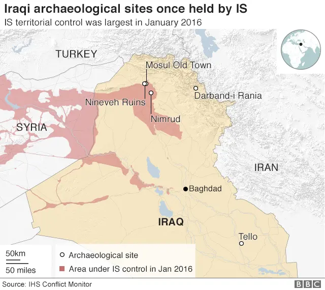 Map of Iraqi archaeological sites and areas once held by IS