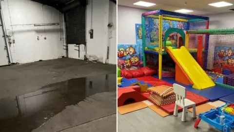 Two photos side by side. The one on the left shows a bare, scruffy black and white room with a concrete floor covered in water. The picture on the right is of a brightly coloured soft play area with a slide, ball pit and cheerful-looking murals on the wall.