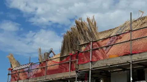A man works on a thatched roof. Bundles of reed straw lean against the railings of the scaffolding.