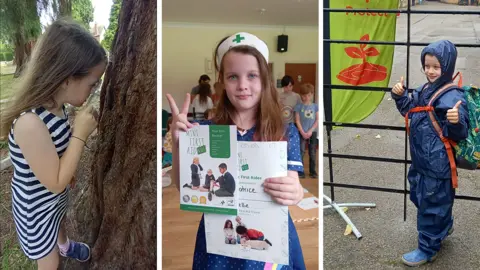 Sandra Smith Three images of Beatrice, looking at a tree, holding a first aid certificate and in outdoor gear