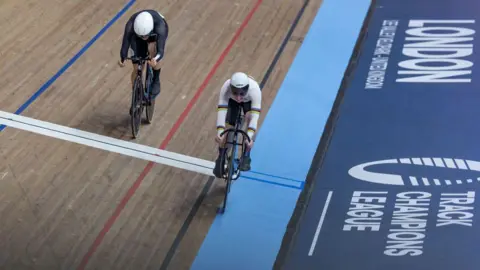 Emma Finucane of Great Britain ahead of Ellesse Andrews of New Zealand during the Women's Sprint Final during the UCI Track Champions League in London