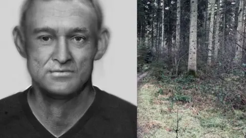 A mock up facial image in black and white of a man wearing a grey t shirt. Next to it is an image of the forest where the man's remains were found in 2015 showing tall trees and dense shrubs