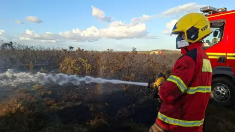 Firefighter holding hose spraying water onto a fire at a large area of heathland in the New Forest.